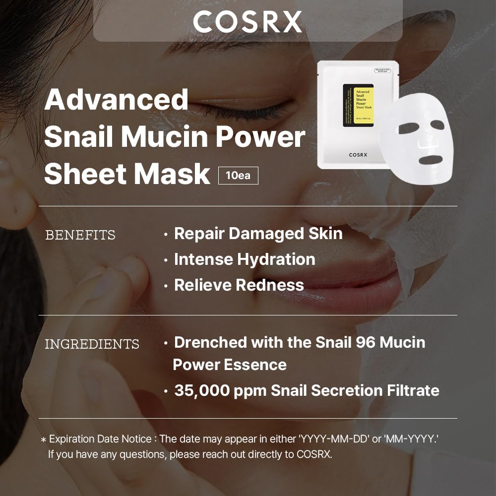COSRX Snail Mucin Sheet Mask 10EA + Hydrogel Collagen Mask 3EA- Self Care, Stocking Stuffers, Travel Essentials, Gifts for Women, Face Masks for Dry Skin, Korean Skin Care